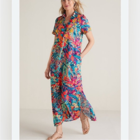 Soft Surroundings Tropical Floral Shirt Maxi Dress with Embellishments - Picture 1 of 8